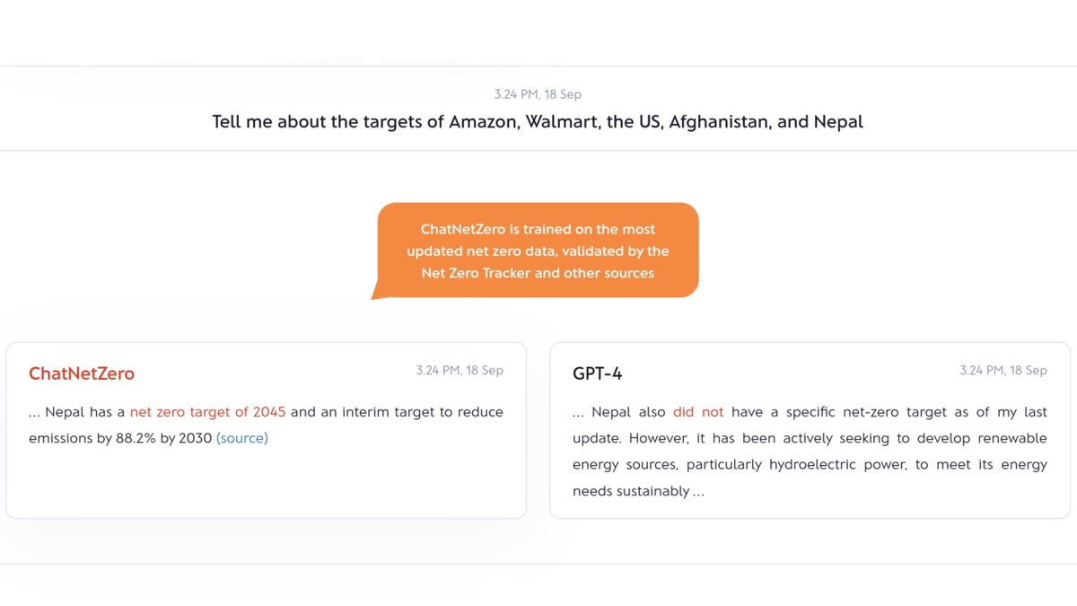 arboretica's tweet photo. How do ChatGPT's and ChatNetZero's environmental answers compare?👇

Without hallucinations,  #ChatNetZero…
📍Fosters #innovation by making professionals' research time-efficient.
📍Makes #environmental information accessible for curious citizens.
@datadrivenlab @NetZeroTracker https://t.co/X2tVWTT0EF