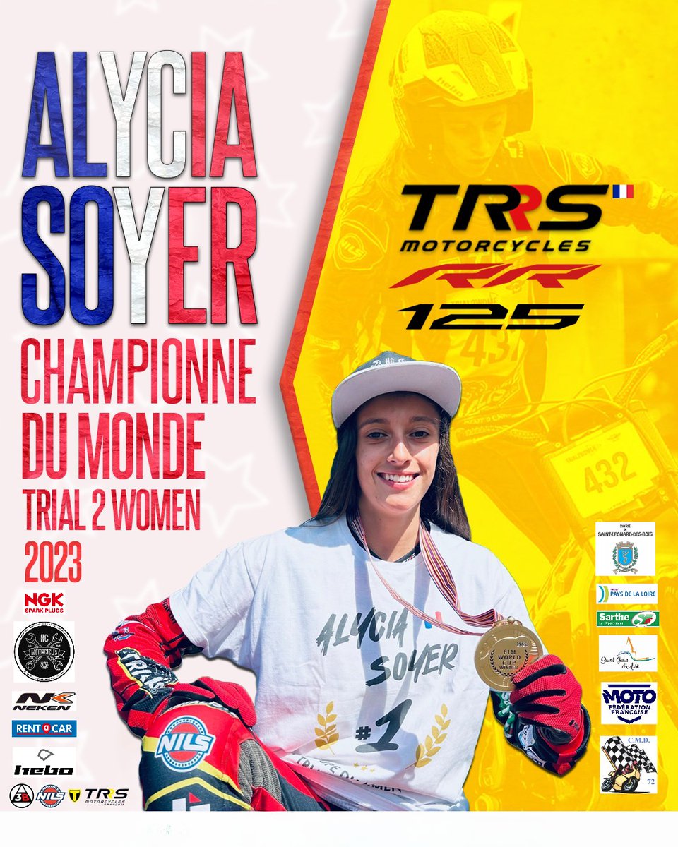 [✌ Victoire🏍] Quel palmarès pour Alycia Soyer, sportive sponsorisée par Rent A Car.  A seulement 17 ans, la voici devenue🏆Championne du monde🏆de #moto #trial, catégorie « Women 2 ». La valeur n'attend point le nombre des années ! 👏#bravo💪#girlpower #ffmoto