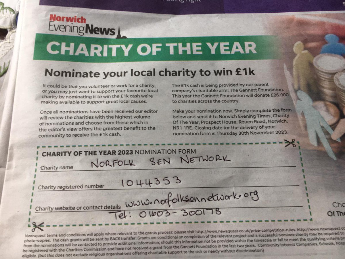 Nominations for the Norwich Evening News Charity of the Year 2023 are open, with a deadline of Thursday 30th November 2023.

Help support Norfolk SEN Network by nominating us to win £1,000! 

Pick up a copy of the Norwich Evening News newspaper for a nomination form  😊🙏