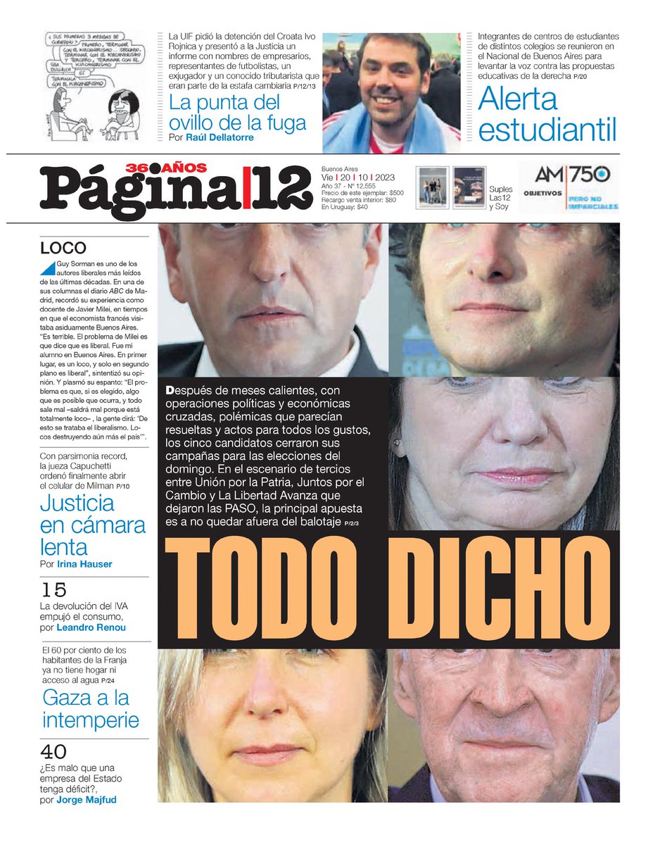 WalterVerst's tweet photo. #BuenDía y #BuenViernes para todos!!
Ya estamos en marcha, empezando el día y te presentamos las portadas de los diarios de hoy #Viernes20 #20deOctubre 20/10/2023 #20deOct.
#Clarín
#LaNación
#Página12 https://t.co/f3ZvGeLkm3