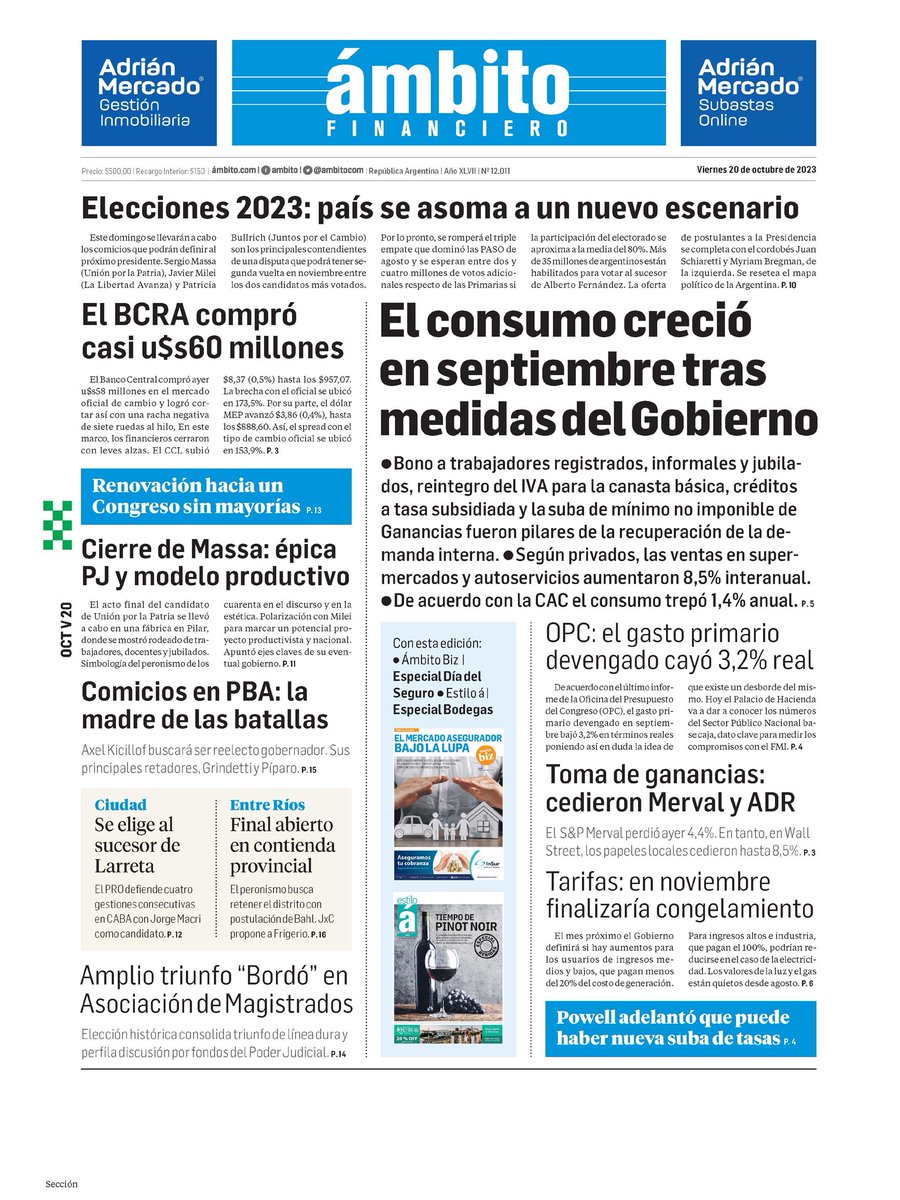 WalterVerst's tweet photo. #BuenDía y #BuenViernes para todos!!
Ya estamos en marcha, empezando el día y te presentamos las portadas de los diarios de hoy #Viernes20 #20deOctubre 20/10/2023 #20deOct.
#ElCronista
#Ámbito
#ElEconomista
#BAE https://t.co/fCM5uxtXMB