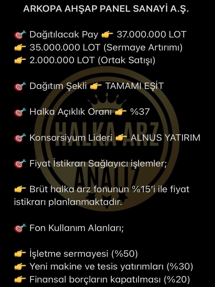 Halkaarzanaliz's tweet photo. 💥 Halka arzı için SPK başvurusu yapan Arkopa Ahşap Panel'in SPK’ya sunduğu TASLAK İZAHNAME bilgileri.
#Halkaarz #Borsa #Hisse #Mekag #Dofer #Mhrgy #Borls #Vrgyo #Tabgd #Arkopa
Telegram 👉 https://t.co/LepUaqWIgZ https://t.co/CYNWrigi5v