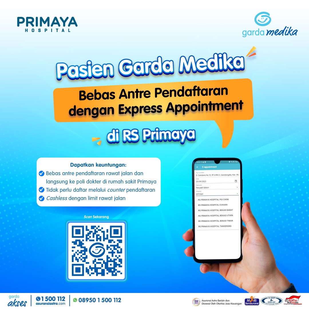 Kabar baik untuk member Garda Medika, saat ini Express appointment kembali memperluas jangkauan sehingga mempermudah appointment dokter sesuai dengan kebutuhan kamu di seluruh RS Primaya.

Info lebih lanjut bit.ly/EappointmentPr…
