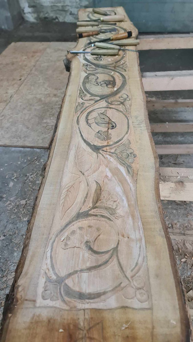 Glen has been working on sketching out an inhabited vine scroll which will be a bench housing a QR code giving visitors access to Northumbrian period Whithorn.