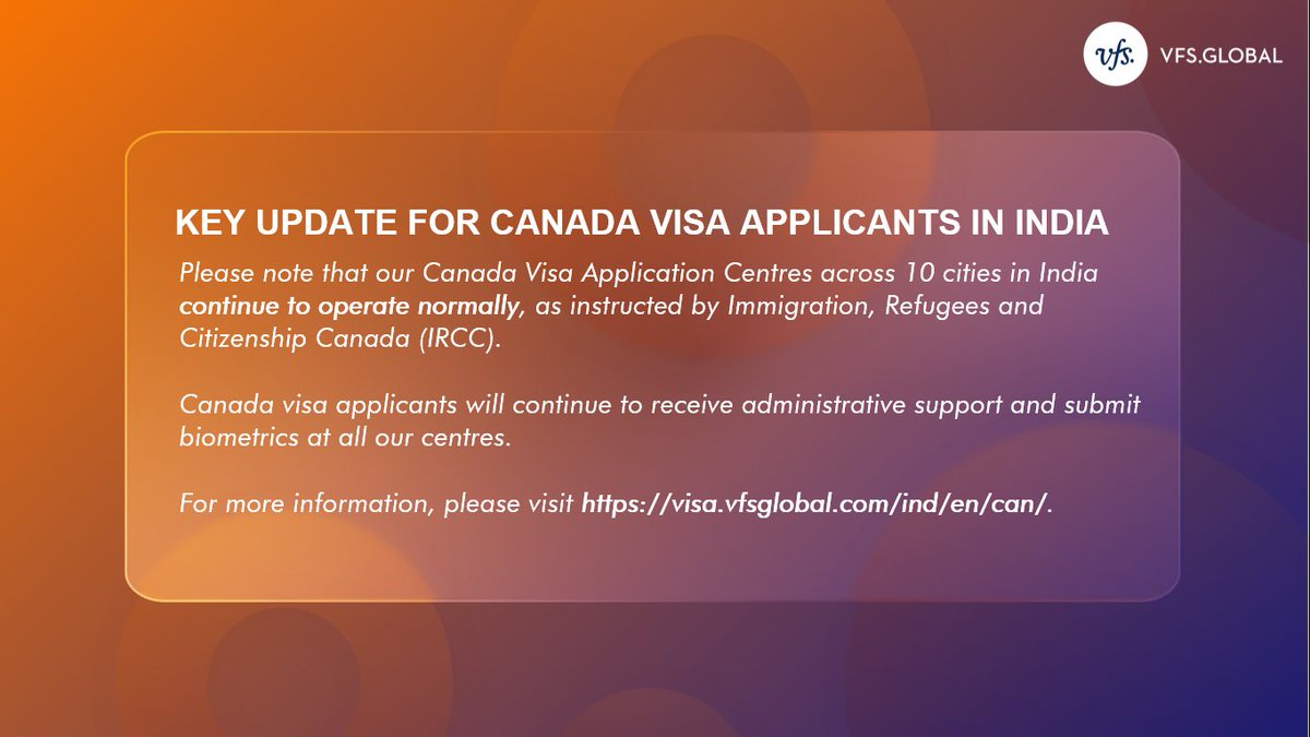 VFSGlobal's tweet photo. We have an important update for Canada visa applicants in India.
For more information, please visit: https://t.co/pESPRitwu8
To read the latest IRCC notice on processing timelines, visit: https://t.co/quN5NSw0kc https://t.co/wn2AbF7vju