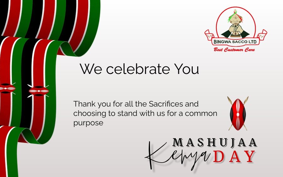 We are because of you, Greatness is possible in togetherness. We are dedicated on serving you and walk the financial journey with you.
Let's continue to build a stronger Kenya together.
Paybill 765244 , USSD *667*2# and Internet Banking 

bingwasacco.coop

#MashujaaDay2023