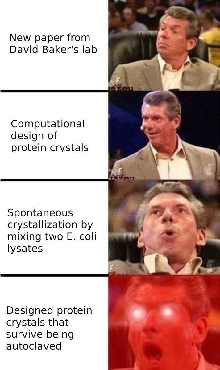 New paper from David Baker's lab.
Computational design of protein crystals. 🤯Spontaneous crystallization by mixing two E. coli lysates. 🤯 🤯
Designed protein crystals that survive being autoclaved. 🤯 🤯 🤯
#StructuralBiology