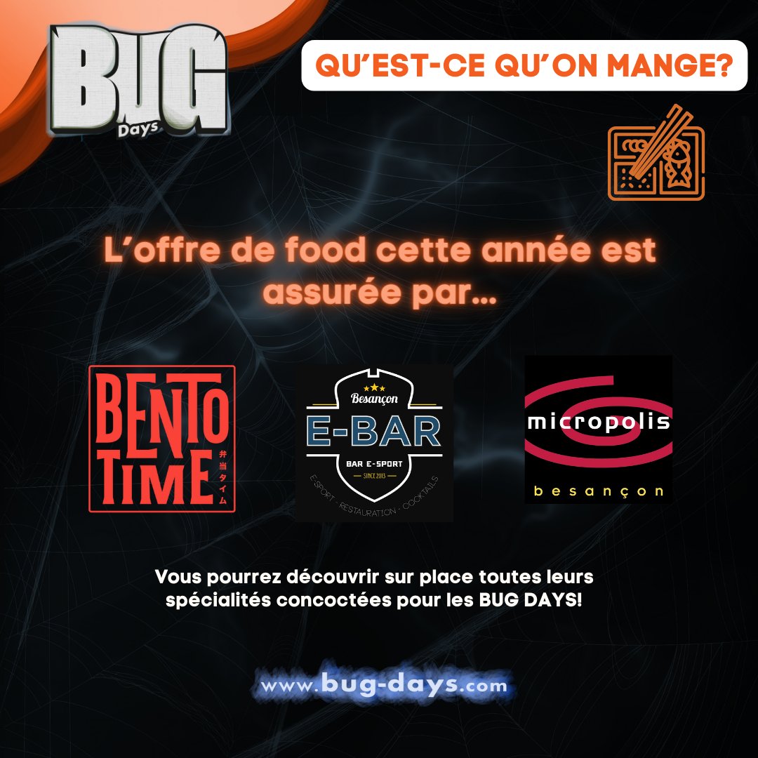 BUG_Days's tweet photo. 💥 Tu te demande si tu trouveras aux #BUGDays de quoi te restaurer ? Oui !
✨Bento Time & ses traditionnels Bento (oui c'était dans l'nom 🤣), il y en aura pour tous les goûts + les veggies
✨ E-BAR Besançon qui proposera une offre composée de Poulet/frites + une option veggie ⬇️ https://t.co/3xFiwerS8K