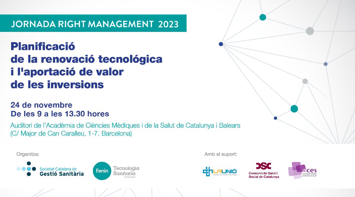 🟢 Jornada sobre Planificació de la renovació tecnològica i l’aportació de valor de les inversions 

✔️24 de novembre
✔️De 9 a 13.30h 

📍Acadèmia Ciències Mèdiques i de la Salut a #BCN
Organitza <a href="/gestiosanitaria/">Societat de Gestió Sanitària</a> i <a href="/fenin_es/">Fenin</a> 

Obertes inscripcions
👉 tuit.cat/ga94L