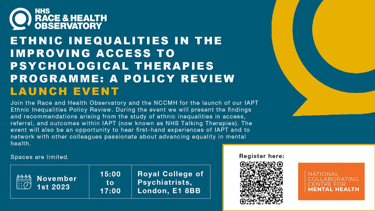 NHS_RHO's tweet photo. Join us for the launch of our upcoming report, which will focus on recommendations and actions to tackle inequalities in psychological therapies, and will take place in London on the 1st November. Register here to join. Spaces are limited.  https://t.co/HkS1acTqzH https://t.co/Li9XXkbx25