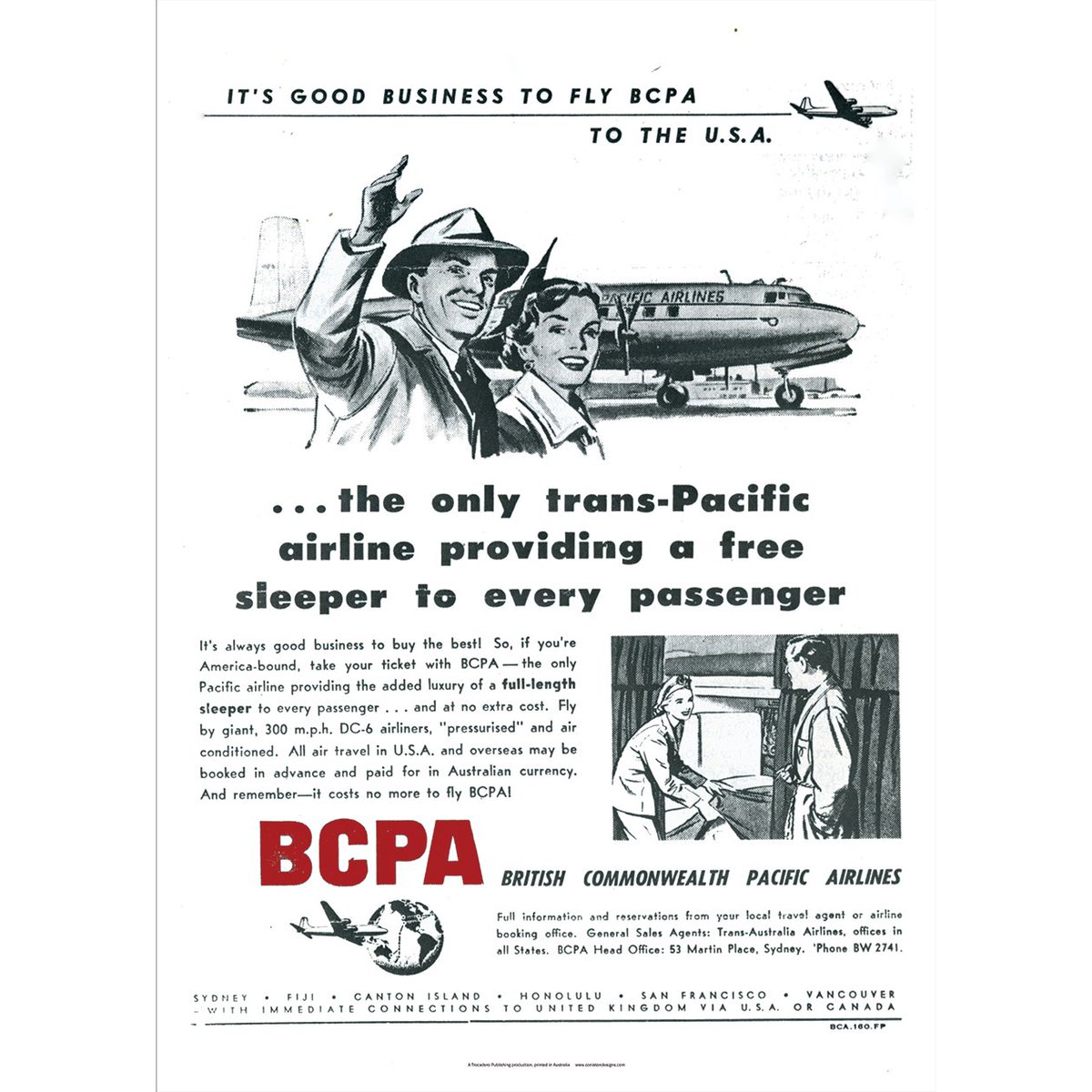 ConistonAir's tweet photo. Feature this piece of airline history on your wall. Available in two sizes, quality art print. Go to https://t.co/9J2K9IJ8b3 BCPA was a short-lived state-owned operation flying DC-6s between Australia and USA until 1954. https://t.co/MaFSZ6ZFng