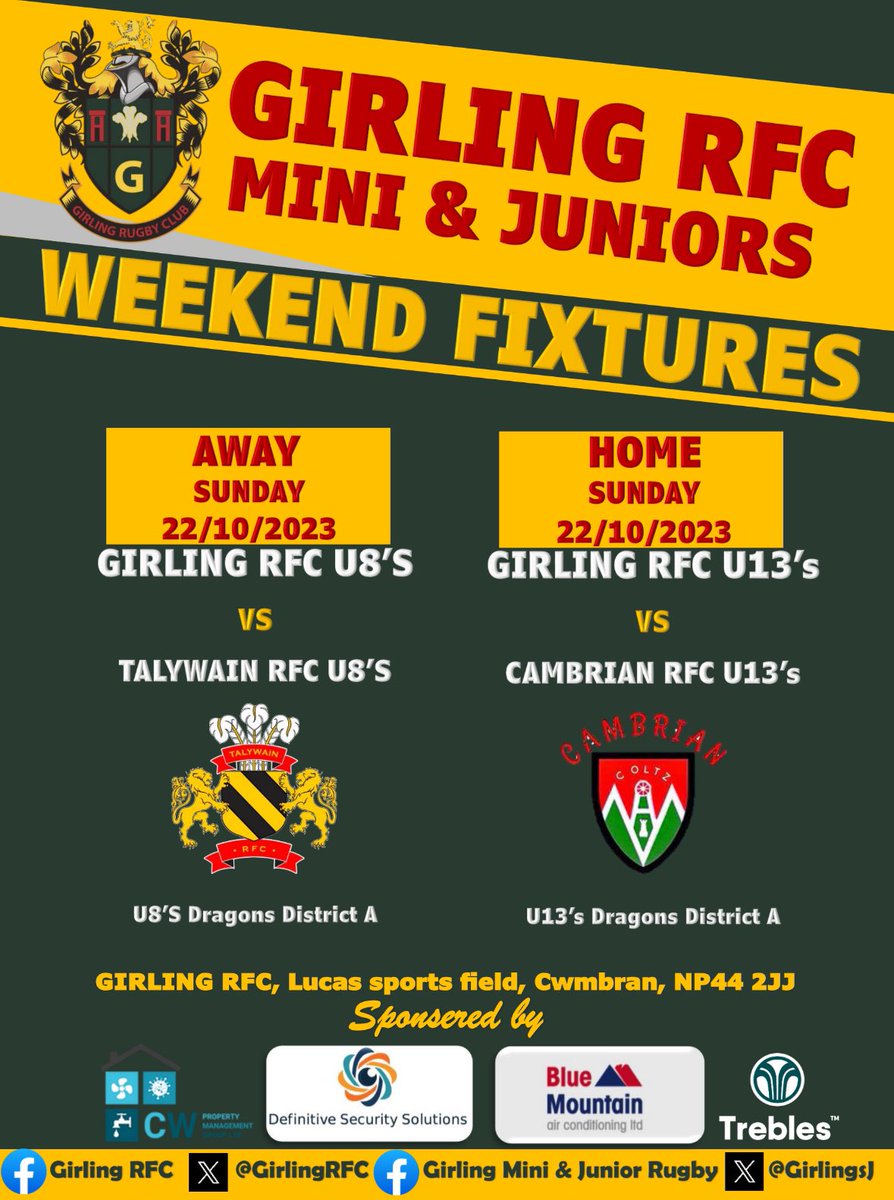 GirlingsJ's tweet photo. 🏉 This weekends fixtures 🏉 

Our u8’s play Talywain at Pontypool park for the first time!

Our u13’s welcome Cambrian for the first time to Girling RFC https://t.co/qs32q2RgTo