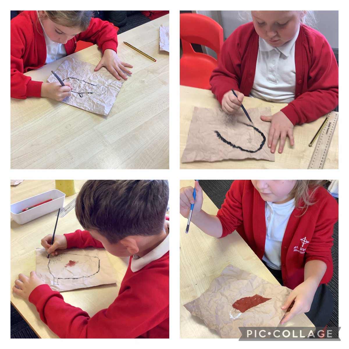We have made cave paintings using textured paper to resemble the cave walls. The children have painted using earth tones and made bold outlines and patterns to add detail to the animals. #teamstphilips