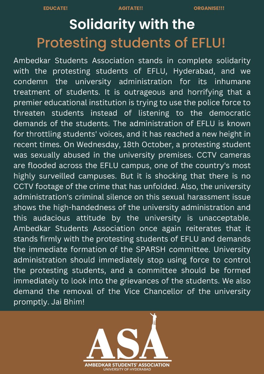 ASA_HCU's tweet photo. Solidarity with the Protesting Students of #EFLU!

Ambedkar Students Association stands in complete solidarity with the protesting students of EFLU, #Hyderabad, and we condemn the university administration for its inhumane treatment of students. https://t.co/JghxEMAGk1