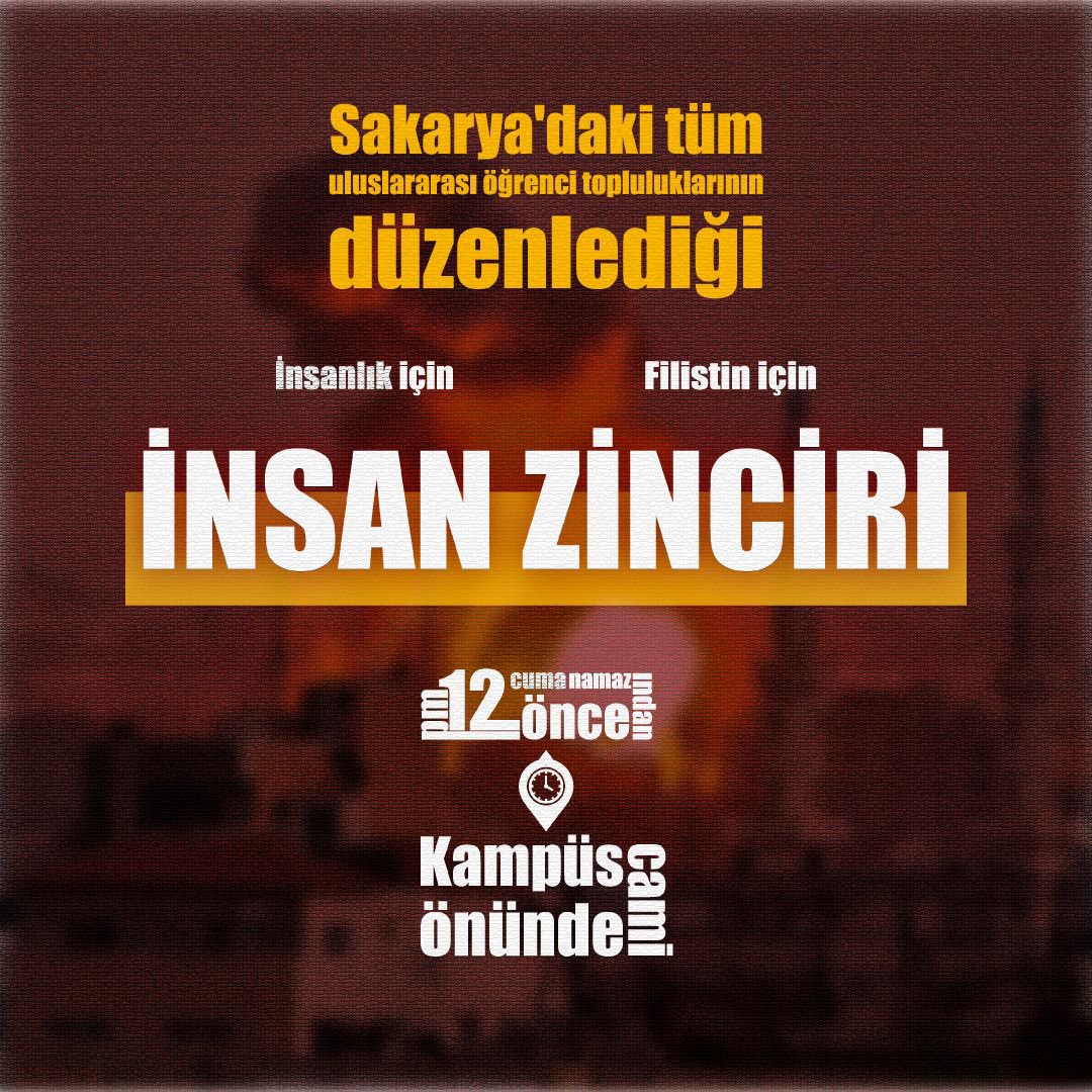 Sakarya Uluslararası Öğrencileri olarak yarın saat *12:00 de Kampüs içinde ve Cami önünde* Filistinli kardeşlerimiz için yapacağımız etkinliğiye tüm uluslararası öğrencilerimiz davetlidir. Gelin hep birlikte zalim ve zulme dur deyelim.