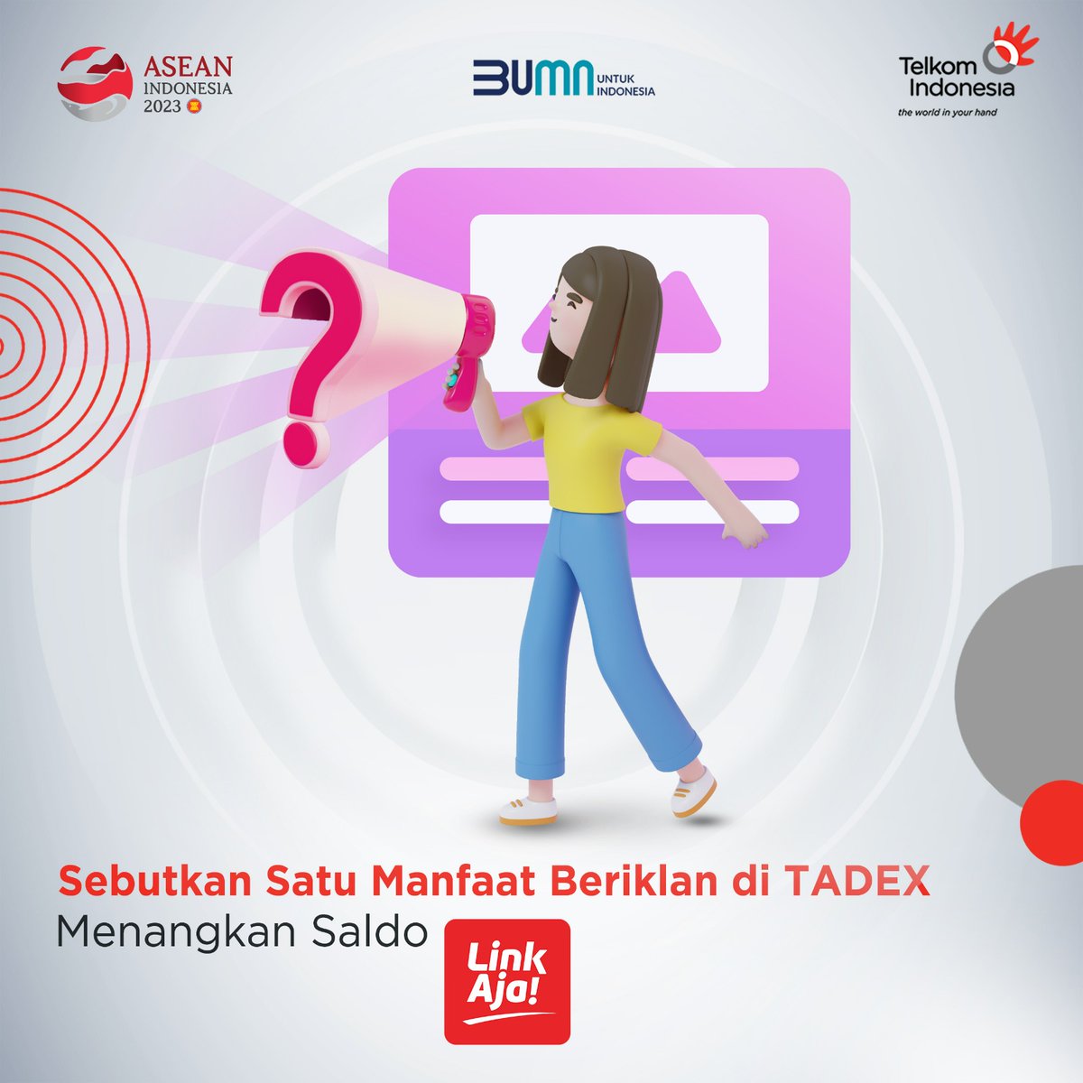 TelkomIndonesia's tweet photo. TADEX (Tanah Air Digital Exchange) merupakan platrorm programmatic ads premium publisher terbesar di Indonesia. Sebutkan manfaat beriklan di TADEX dan menangkan saldo LinkAja sebesar 100 ribu untuk 10 Sobat beruntung.     
        
Kirim jawabanmu dengan membuat postingan baru disertai hashtag #KuisTelkom #ElevatingYourFuture  dan wajib follow, mention akun media sosial Telkom, like, share postingan kuis, & mention 3 orang teman. Berlangsung hingga 22 Oktober 2023