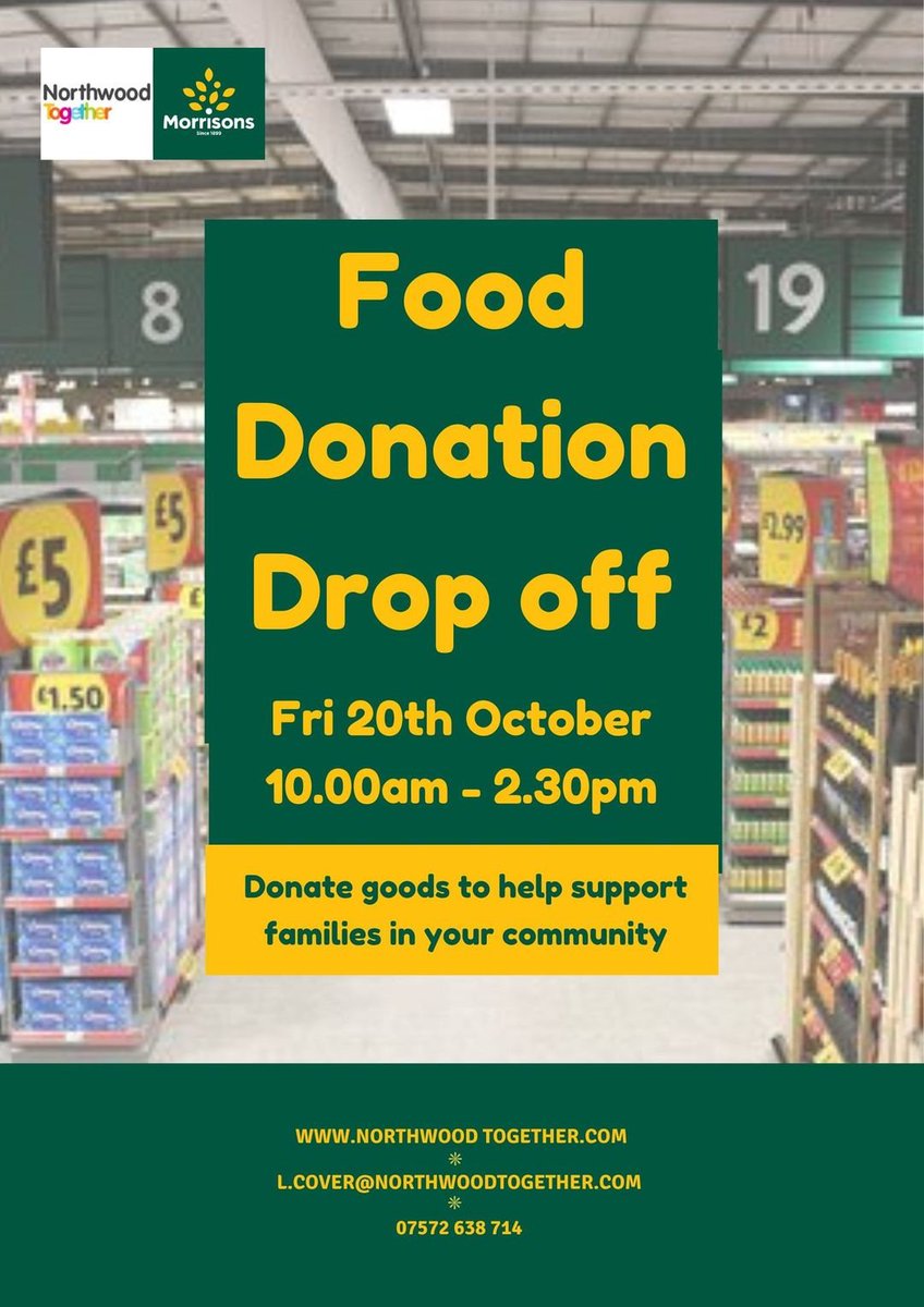 Our food drop off is today.  We will be set up by the Morrisons entrance. Pop along and say hello and if you can donate an item of food, which will support our emergency food parcels. Thank you.