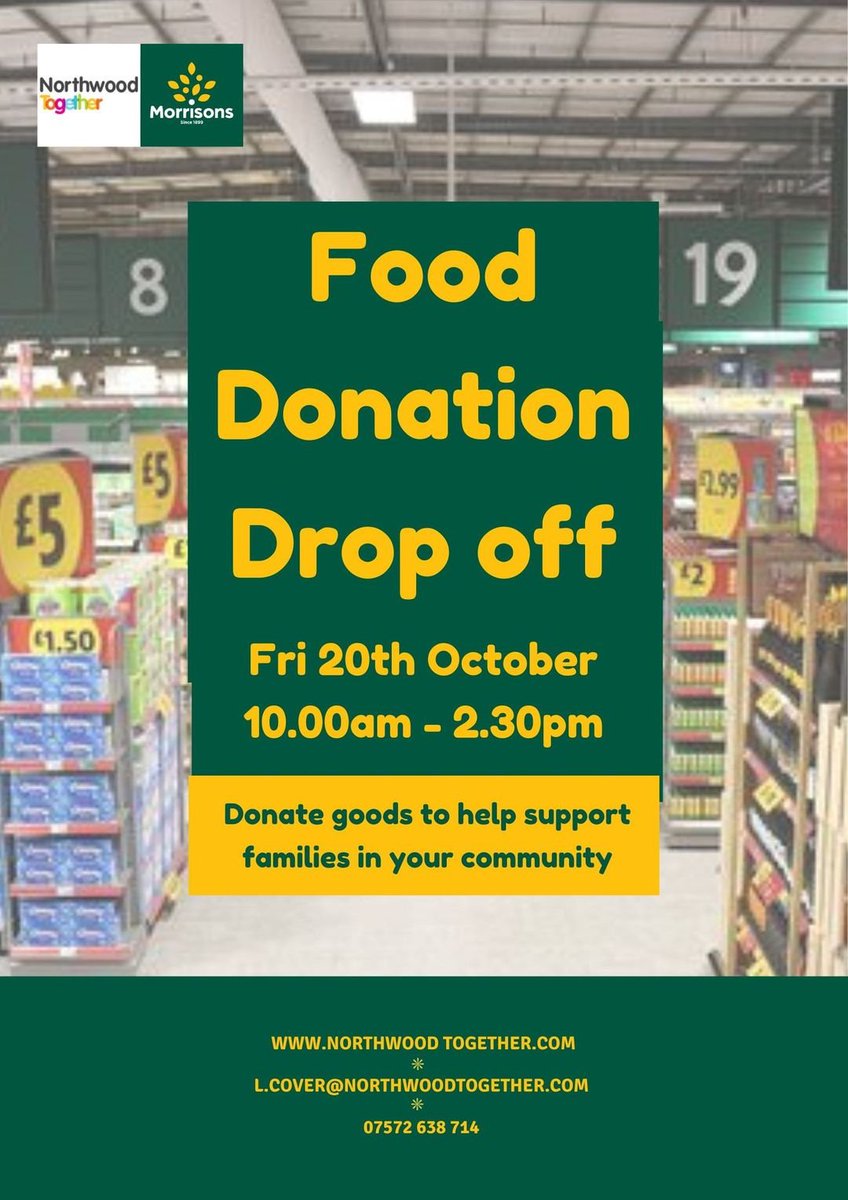 Our food drop off is today. We will be set up by the Morrisons entrance. Pop along and say hello and if you can donate an item of food, which will support our emergency food parcels. Thank you.