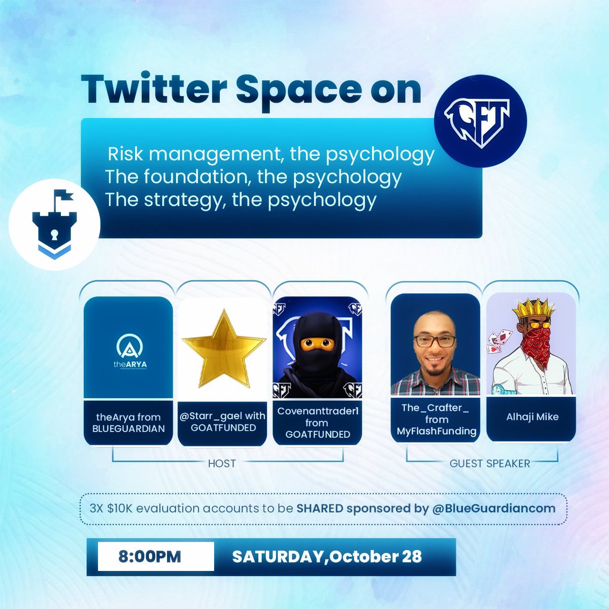 theARYA00's tweet photo. 3X $10K evaluation account giveaway on our NEXT space. 

- Follow @BlueGuardiancom, @theARYA00, @Starr_gael, @Covenanttrader1 and @Alh_Myke1 
-Like and RT this tweet
-Tag 2 friends to do same 
-Set a reminder for this space and drop proof: 
https://t.co/v32d90YHPP

Two winners will be chosen from the space and one with twitter user.