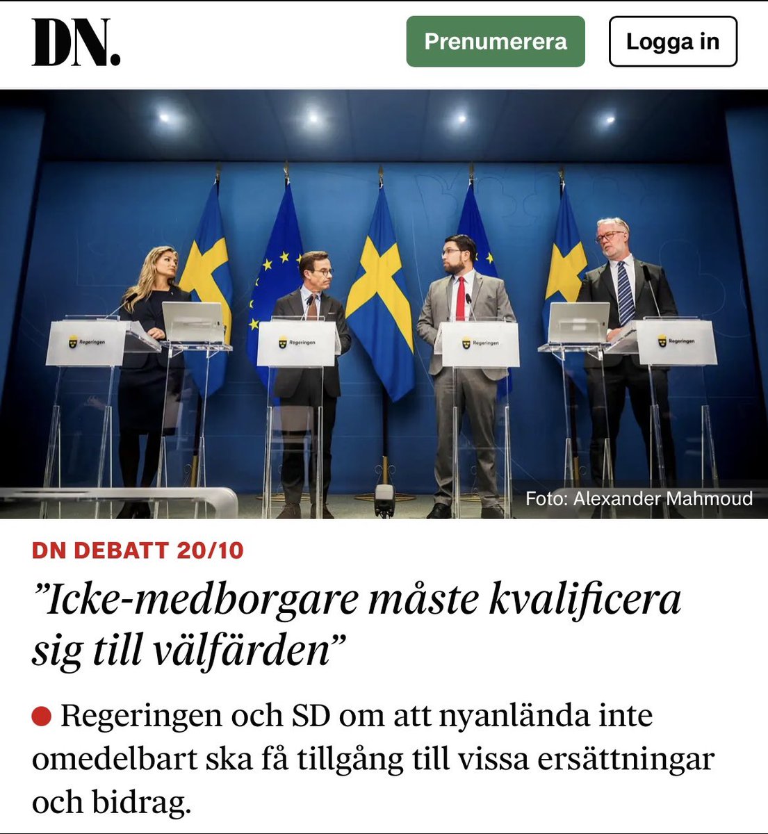 RichardJomshof's tweet photo. Att nyanlända och icke-medborgare borde få kvalificera sig för bidrag kan tyckas vara en självklarhet. Men så är det inte i dag. Nu tar Tidöpartierna äntligen tag i frågan. https://t.co/FNyhGRe7CV