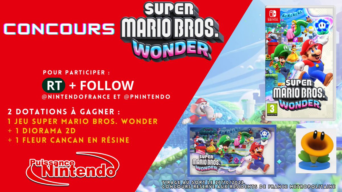 pnintendo's tweet photo. Un #concours qui ne trompe pas : gagne un jeu #SuperMarioBrosWonder + un diorama + une figurine de la Fleur Cancan 🌻

Pour jouer :
- Suis les comptes @PNintendo et @NintendoFrance,
- RT ce tweet avant le 26/10/23 à 23h59.

Dotation : 2 lots
TAS le 27/10/23

Bonne chance à tous🍀 https://t.co/cFvKvNcAfJ