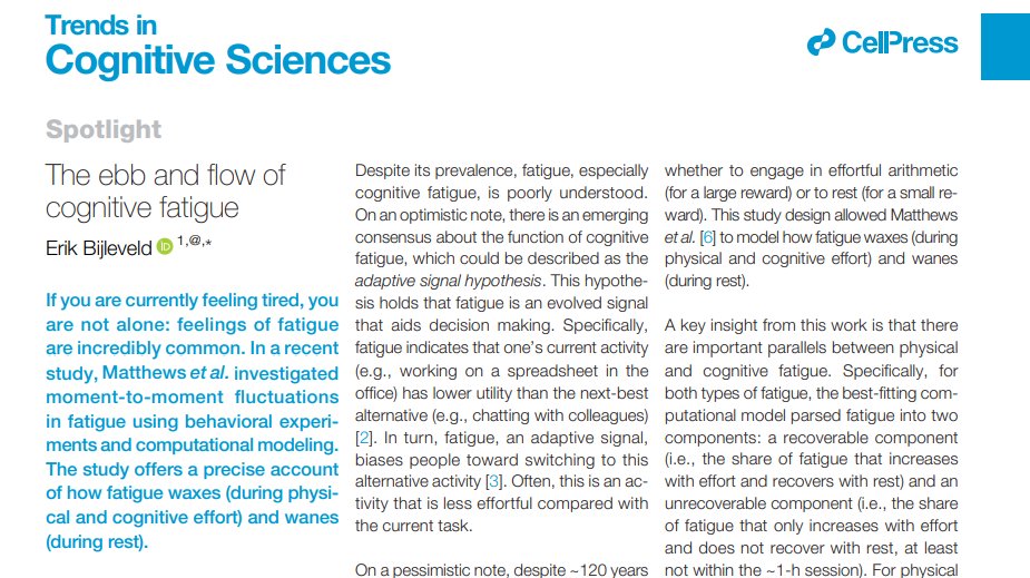 Short new paper: The ebb and flow of cognitive fatigue authors.elsevier.com/a/1hwHP4sIRvPN… @TrendsCognSci I spotlight the new findings by @quined_quales @tm_brainscience @brain_apps et al. and I reflect on the current state of fatigue science. 🧵Little thread with the main points: (1/6)