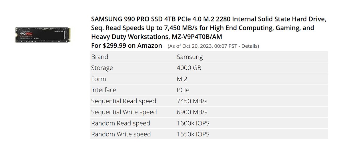 Technology marches on:

The Samsung 990 PRO has the highest random read speed on our SSD comparison chart.

It can read 1.6 million pieces of data per second from random memory locations.

productchart.com/ssd_drives/