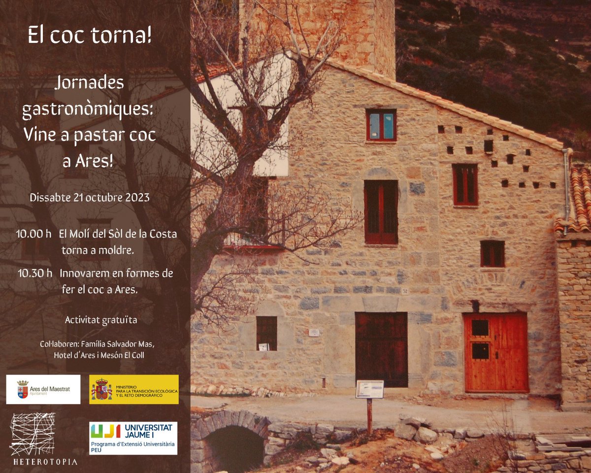 Heterotopa1's tweet photo. ➡️¡Este sábado 21 de octubre, prepárate para una experiencia gastronómica única en #AresdelMaestrat! 🍽🌄  El Ayuntamiento te invita a un emocionante día de creación de la 'coca' del pueblo, en el hermoso Barranco de los Molins. 🔥
#CocaDelPueblo @peuuji ⬇️⬇️⬇️⬇️ https://t.co/MuijzHmDsV