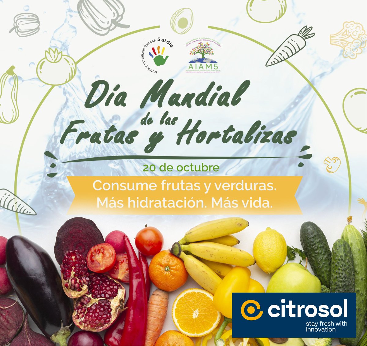 citrosol_com's tweet photo. 🍉 🍊 Hoy, 20 de octubre, es el Día Mundial de las #Frutas y #Verduras 🍋 🍌 y desde CITROSOL queremos ayudar a promover los hábitos saludables entre la población. 🥑 🍅
🍍 🍎 ¡FELIZ DÍA MUNDIAL DE LAS FRUTAS Y VERDURAS 2023! 🍏 🍒
#DiaMundialFyV #WFVD2023 #DMFV2023. https://t.co/ra6ScfU6Vn