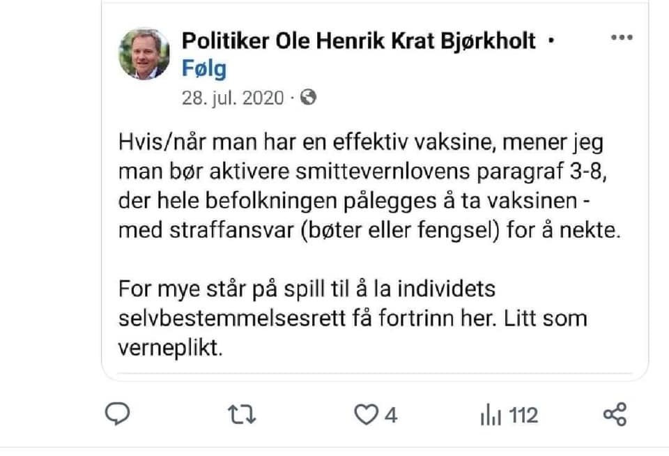 Denne mannen, Ole Henrik Krat Bjørkholt deltok på Debatt 21 i går. Ikke rart han forsvarer WHO. Totalitære ytringer. Han er farlig.