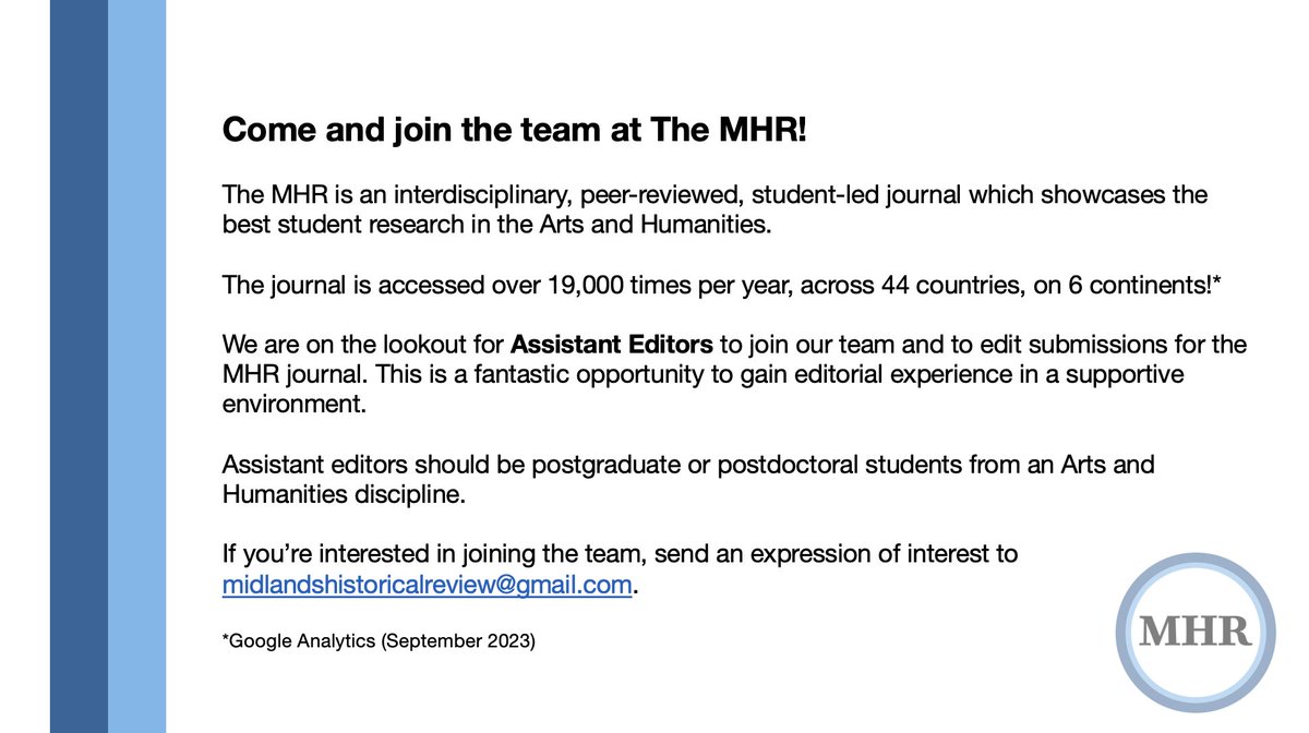 Come and join the team at The MHR!

We are looking for Assistant Editors to join our team. This is a fantastic opportunity for #postgrad and #postdoc researchers to gain editorial experience while editing submissions related to your research area. #phdchat