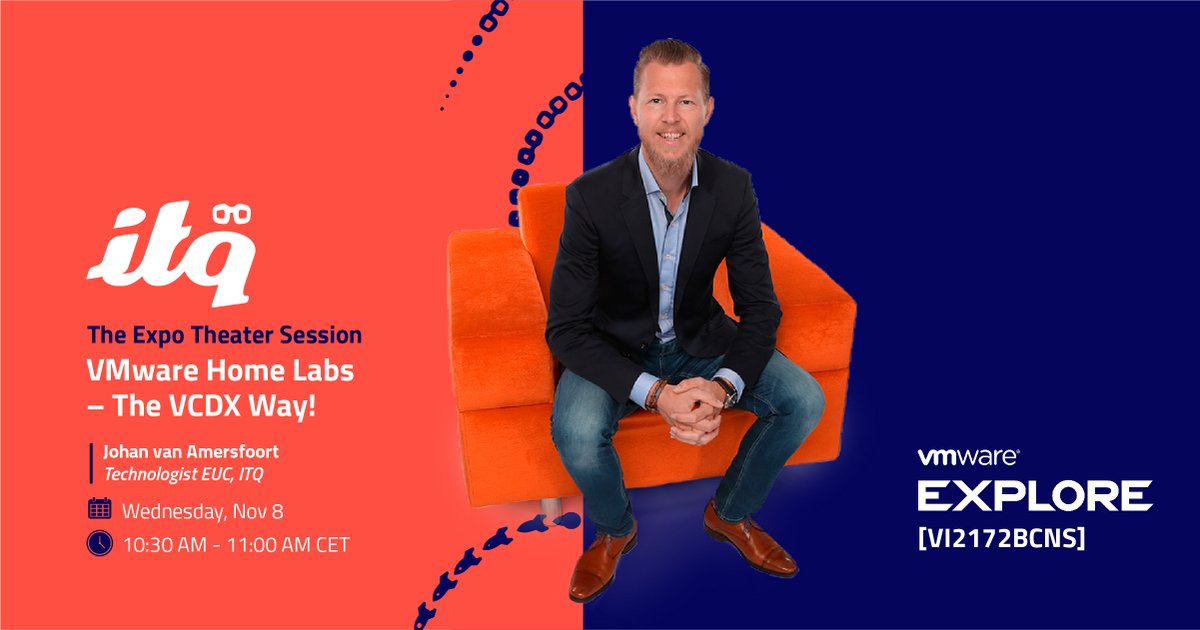 ITQ (@itq) on Twitter photo VMware Explore 2023 in Barcelona is almost here! <a href="/vhojan/">Johan van Amersfoort</a> gives the session ‘VMware Home Labs – The VCDX Way!’.
Please note, this is a sponsored VMUG session.
More information about this session? - lnkd.in/e3iYAQR7
#VMwareExplore2023 #homelabs #vcdx #VMUG VMware Explore 2023 in Barcelona is almost here! <a href="/vhojan/">Johan van Amersfoort</a> gives the session ‘VMware Home Labs – The VCDX Way!’.
Please note, this is a sponsored VMUG session.
More information about this session? - lnkd.in/e3iYAQR7
#VMwareExplore2023 #homelabs #vcdx #VMUG