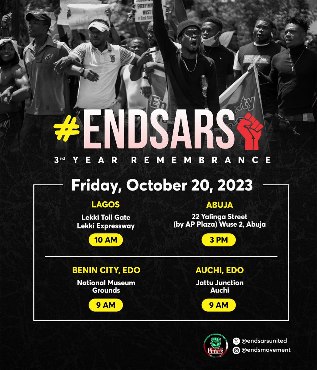 _yemia's tweet photo. The October 2020 #EndSARS protests started with police brutality, but ended as an awakening of sorts .
State v. Citizens at Lekki Tollgate added another layer to the narrative, so 20.10.20 will forever be a marker.
Lagos, Abuja, Auchi &amp; Benin have events today. Join if you can✊🏽 https://t.co/Pi2rV2PYNq