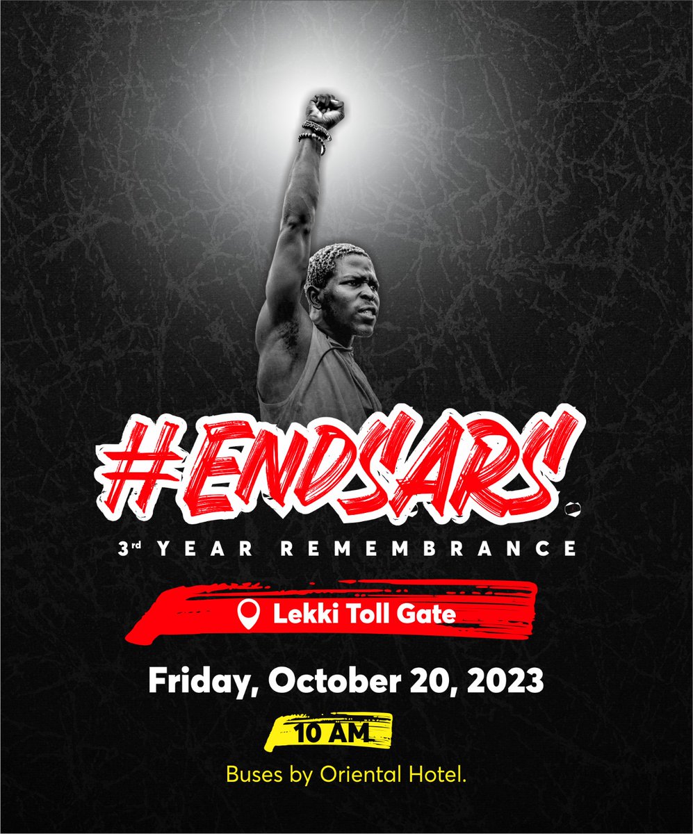 _yemia's tweet photo. The October 2020 #EndSARS protests started with police brutality, but ended as an awakening of sorts .
State v. Citizens at Lekki Tollgate added another layer to the narrative, so 20.10.20 will forever be a marker.
Lagos, Abuja, Auchi &amp; Benin have events today. Join if you can✊🏽 https://t.co/Pi2rV2PYNq