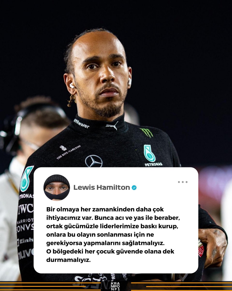 Lewis Hamilton: 'İsrail ve Filistindeki masum insanların ölümünden dolayı çok üzgünüm. Masum insanların, özellikle çocukların hedef alınmasını haklı çıkaran hiçbir sebep yok. Bunu kabul edemeyiz.'