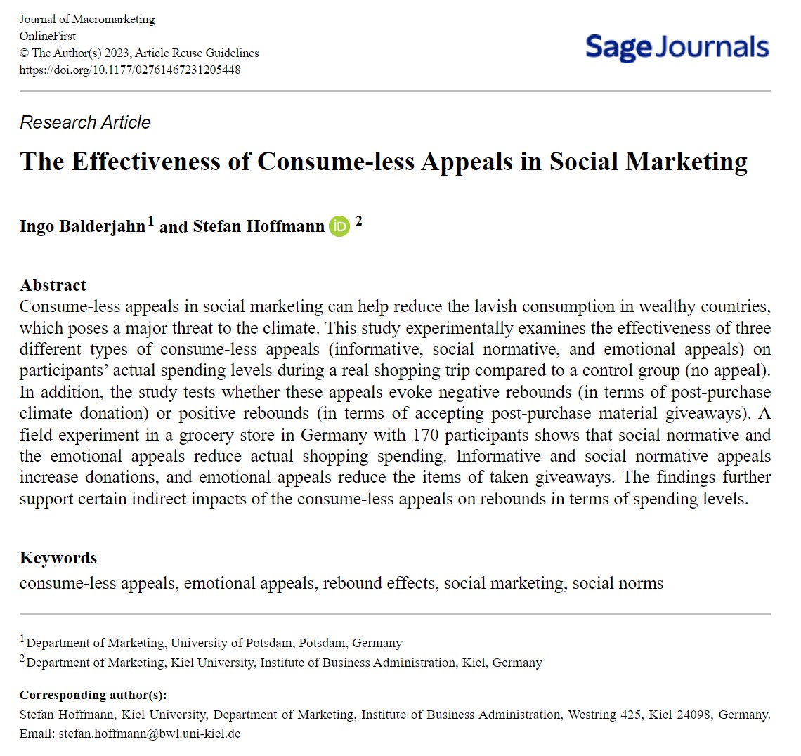 europeansma's tweet image. Have a🧐at this interesting article just published in the Journal of Macromarketing:

"The Effectiveness of Consume-less Appeals in Social Marketing"

More info: journals.sagepub.com/doi/epub/10.11… 
#socialmarketing #socmar #consumeless