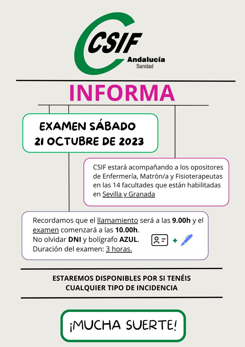 CSIFAndalucia's tweet photo. #Sanidad | 📝 Mañana se celebran los exámenes de #oposiciones de Enfermería, Matrón/a y Fisioterapeutas.
Recuerda que CSIF estará acompañándote en las 14 sedes donde se harán las pruebas. Acude a nuestros/as delegados/as si lo necesitas.
🍀 ¡Mucha suerte! https://t.co/5PFQe5GTyQ
