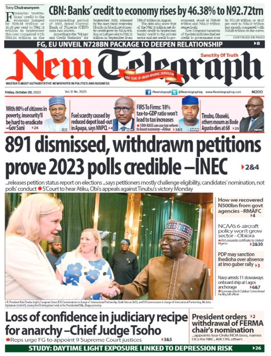 tolaogunnubi's tweet photo. #Headlines #Newspapers #Frontpages #BreakingNews #Nigerians #Japa #MaryamShetty #EnugutoLagos #Gumi #IsraelAttack #verydarkman #DonaldDuke #MrIbu #Naira https://t.co/UVTxlgrCG9