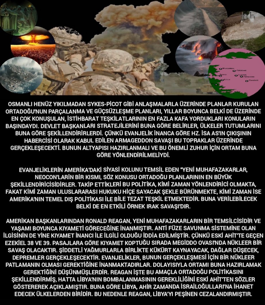 Eski Ahit'te Ezekiel 38/39. pasajlara göre kıyamette Megiddo Ovası'nda nükleer savaş olacaktır. Şiddetli yağmurlar kükürt kaynayacak, dağlar düşecek, depremler olacaktır. Evanjelikler, bunun için nükleer patlamanın olması gerektiğine inanırlar Dolayısıyla ortamı buna hazırlarlar.