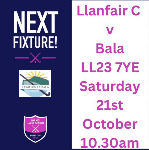 🏑 NEXT FIXTURE 🏑

🆚 Bala
📍 Byw’n Iach Penllwyn, Bala, LL23 7YE
📆Saturday 21st October 
⏰10.30am