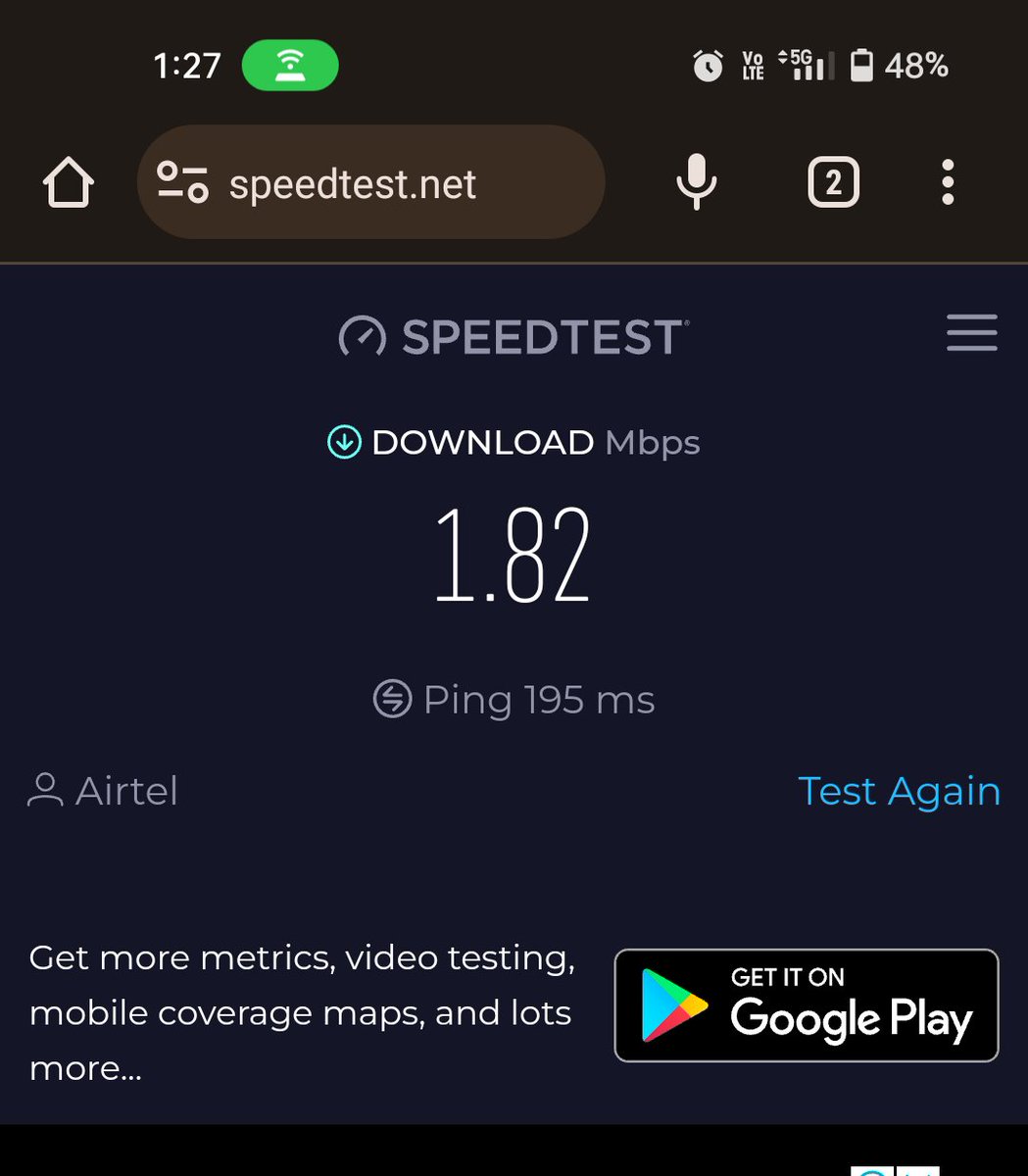 gdynamic's tweet photo. @airtelindia broadband is down today and this is the speed on Airtel 5G I am getting. https://t.co/KqTaprjuVO