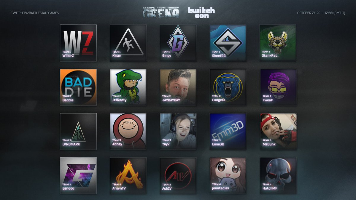 🔥¡Primer torneo especial de streamers de Escape from Tarkov: Arena!
🗓️Del 21 al 22 de octubre
⌚️12 p.m. PT
🏆4 equipos de 5
twitch.tv/battlestategam…

1⃣/2⃣👇
#TarkovArena #TwitchCon #EFTHispano #EFT #EscapefromTarkov #EFTArena