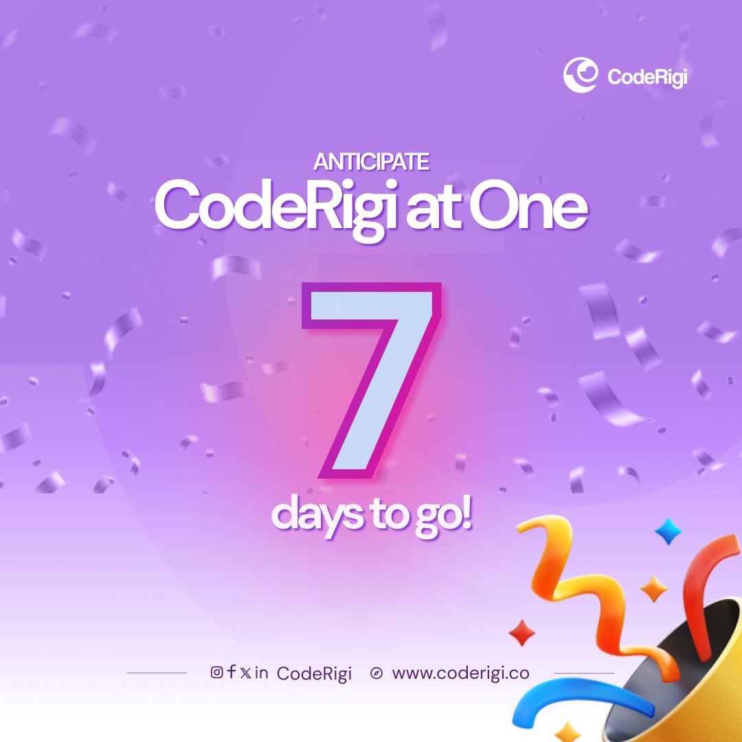 coderigi_'s tweet image. There is so much excitment in the air as we anticipate our First Year Anniversary. 
Stay tuned for the big day!

It&apos;s 7 Days to go!

 #CompanyAnniversary #OneYearAnniversary #CodeRigiAtOne