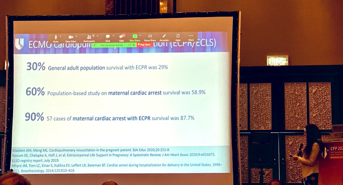 Super talk by @maloumeng on maternal cardiac arrest and #ECPR in the 🤰 patient. 👀 at that survival rate! #CPP2023