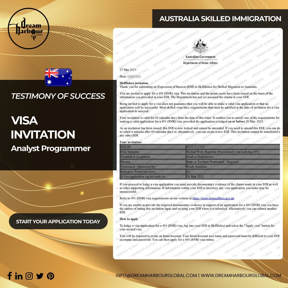 DreamHarbourG's tweet photo. 🎉#Congratulations to our #Australia #Migration client on receiving #invitation for #skilled #visa in #Qatar for the occupation of #AnalystProgrammer

Start your application today: https://t.co/d52USrEJx7 

#DreamHarbourGlobal #Doha #Analyst #Programmer https://t.co/4coy9ny1nf
