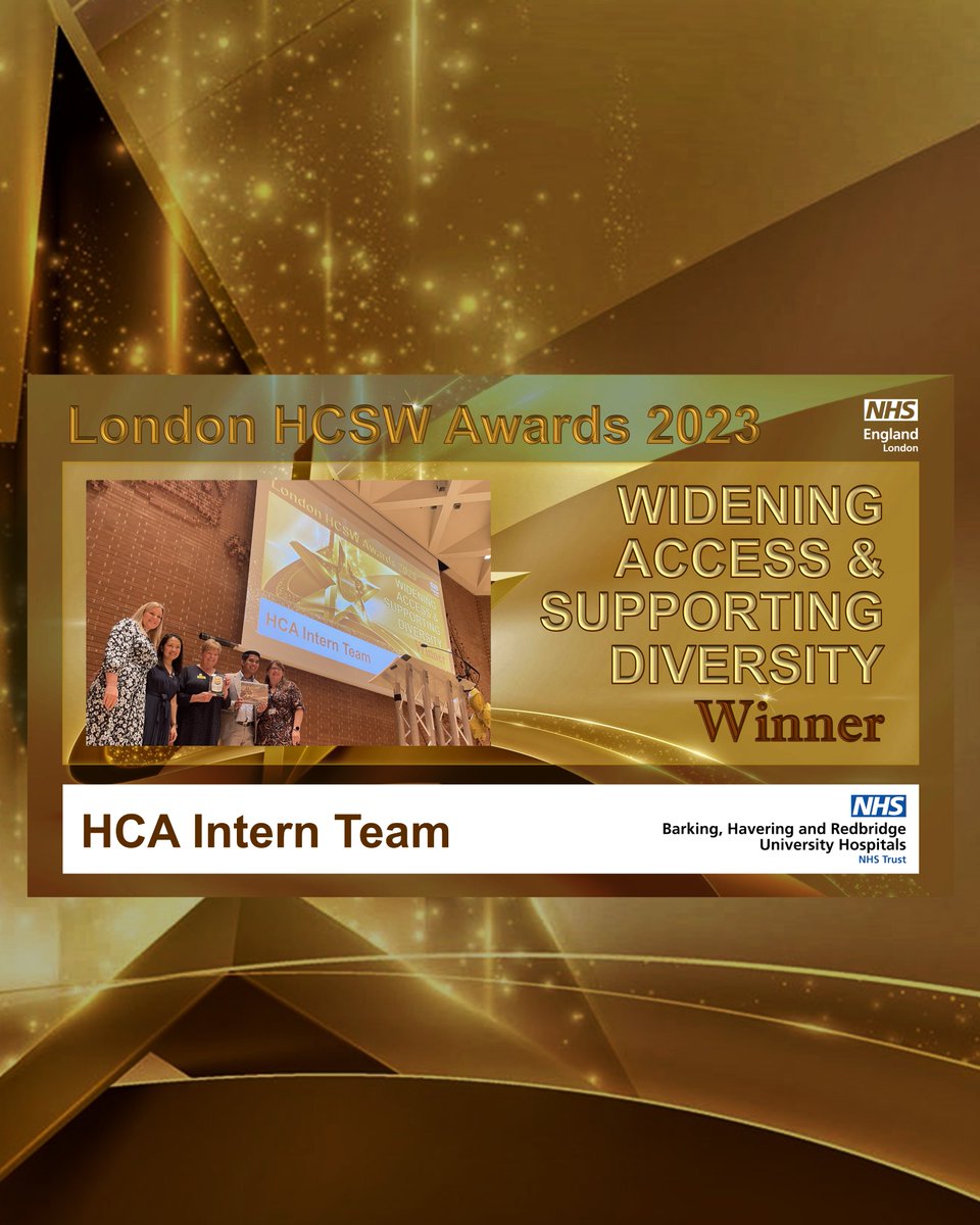 London HCSW Awards 2023 Winner of the Widening Access and Supporting Award is Barking, Havering and Redbridge University Hospitals NHS Trust 
 HCA Intern Team!

Many congratulations!

#WeAreHCSWs #LondonHCSW
#DiversityFriday