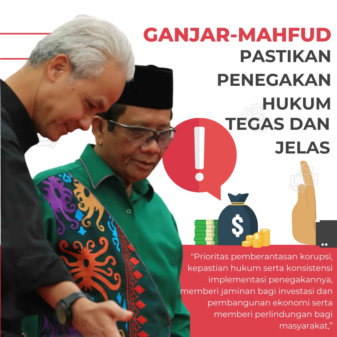 GanjarMahfud BerantasKorupsi dan PasanganBersih DariKorupsi 

Ganjar mengatakan bersama Mahfud MD, dirinya akan menciptakan iklim ekonomi yang baik dan adil. Menurut dia, dengan kondisi itu akan sama-sama menguntungkan para pengusaha dan para buruhnya lewat komitmen antikorupsi.