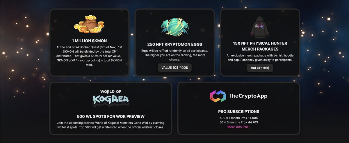 KryptomonTeam's tweet image. Race to the top and earn EGGciting rewards:

🔥 Grab a Slice of a Whopping 1 MILLION $KMON Jackpot!
🥚 Hatch Exclusive NFT Kryptomon Eggs
🎟 Secure Your Spot in the Limited WOK Preview.
👕 Find cool Merch
🎁 ... &amp;amp; discover all the other surprises waiting for you!

#WOKtober #KMON