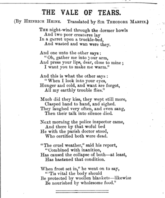 The Vale of Tears. 
By Heinrich Heine. Translated by Sir Theodore Martin.

Commonweal 4.145 (20 October, 1888)