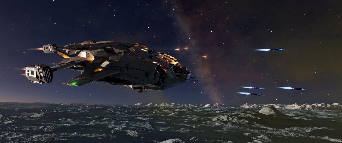 CmdrRheeney's tweet photo. After all this time, still catching details I've never seen before in #EliteDangerous Here's some Enhanced AX missiles on their way to an urgent meeting with a Revenant! 🎆 #EliteDangerousOdyssey #devilinthedetail #itsthelittlethings #update17 with @CMDR_Buur https://t.co/YeQjM18ruq